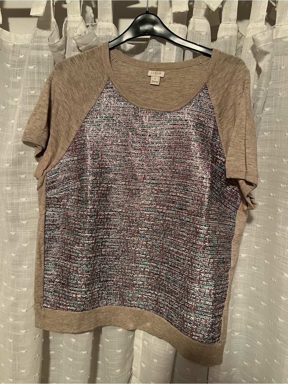J. Crew Factory Taupe Short Sleeve Top with Multi-Color Metallic Tweed Front